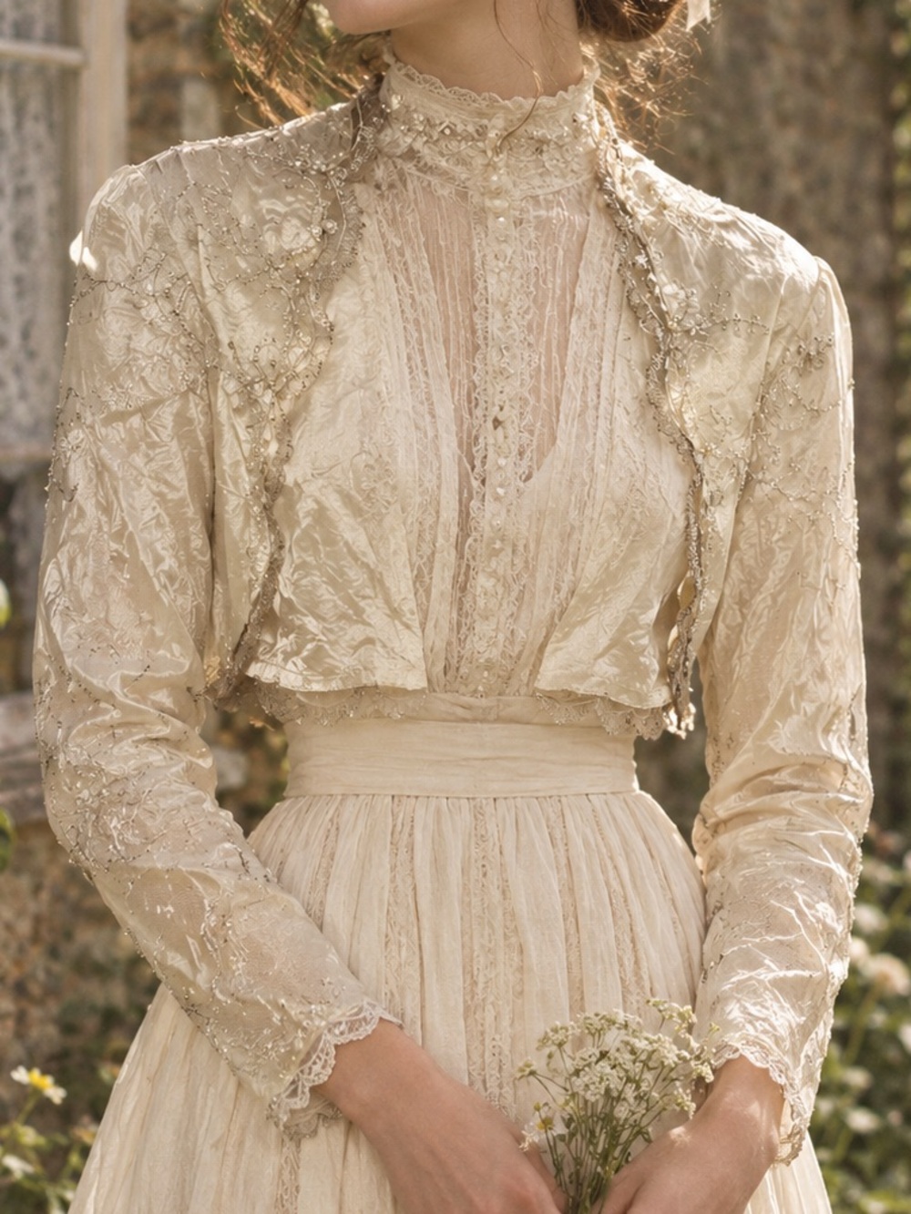 VTG Cream Embroidered Sequin Bolero Jacket Scalloped Edwardian Cottage Bridal
